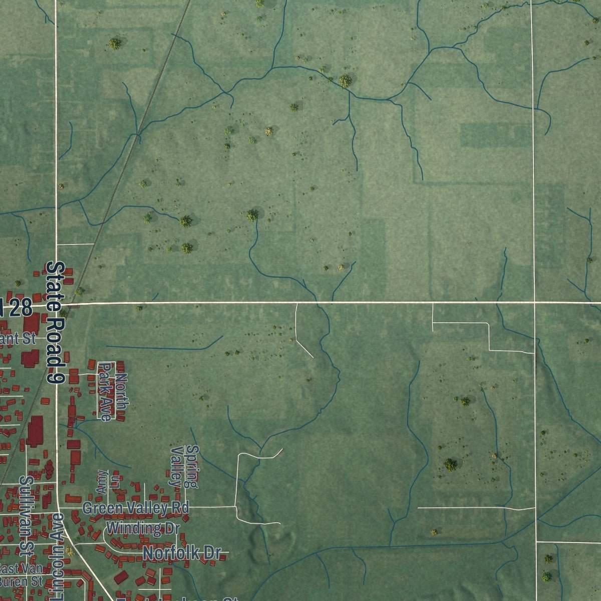 Second close-up of the map of Alexandria, Indiana print showing more streets and buildings