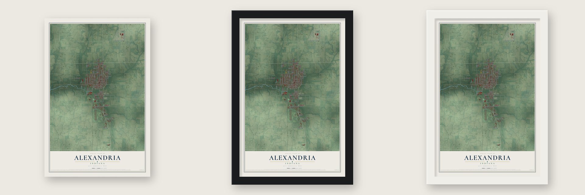 Alexandria, Indiana map unframed, in a black wood frame and in a white wood frame