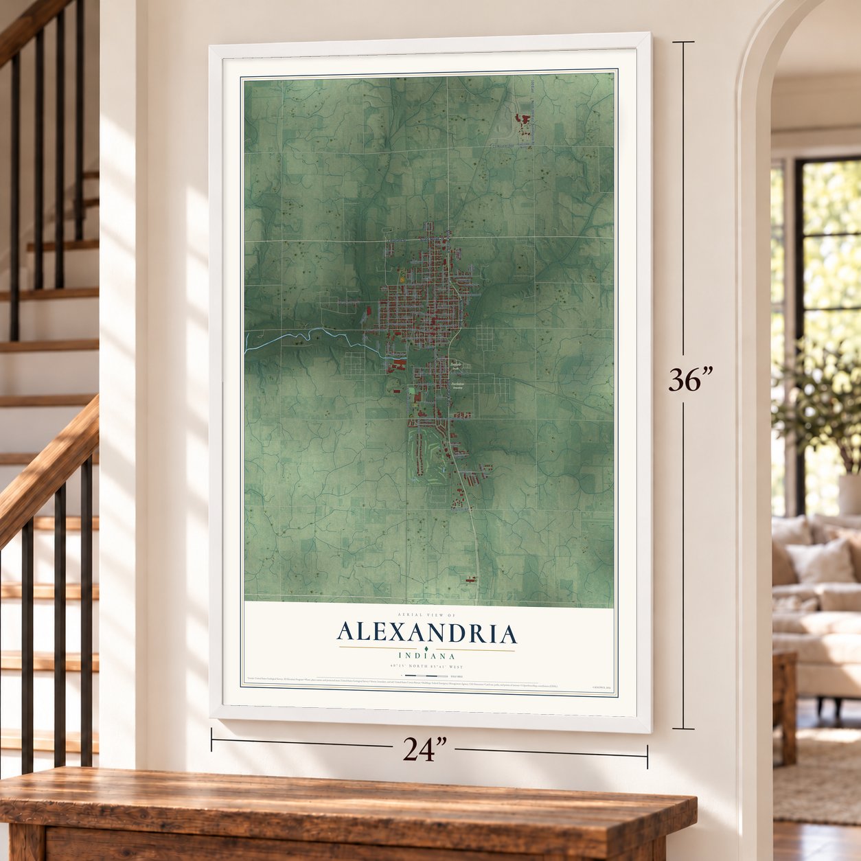 Alexandria, Indiana map, 24 x 36 inch print in a white frame by a staircase
