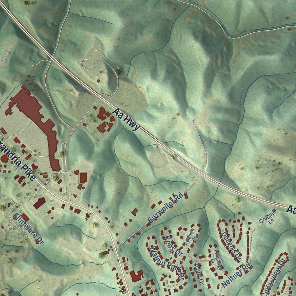 Second close-up of the map of Alexandria, Kentucky print showing more streets and buildings