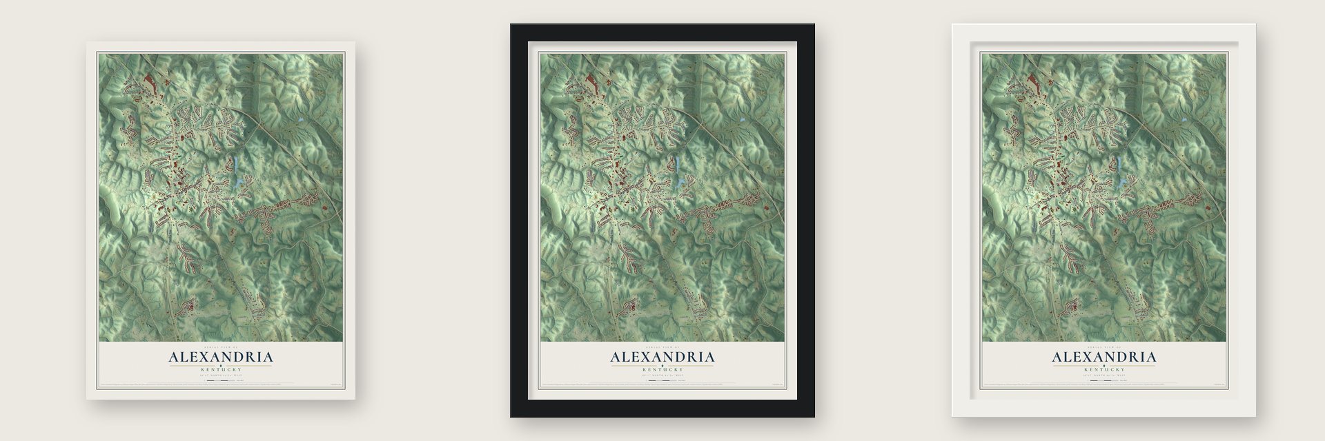 Alexandria, Kentucky map unframed, in a black wood frame and in a white wood frame