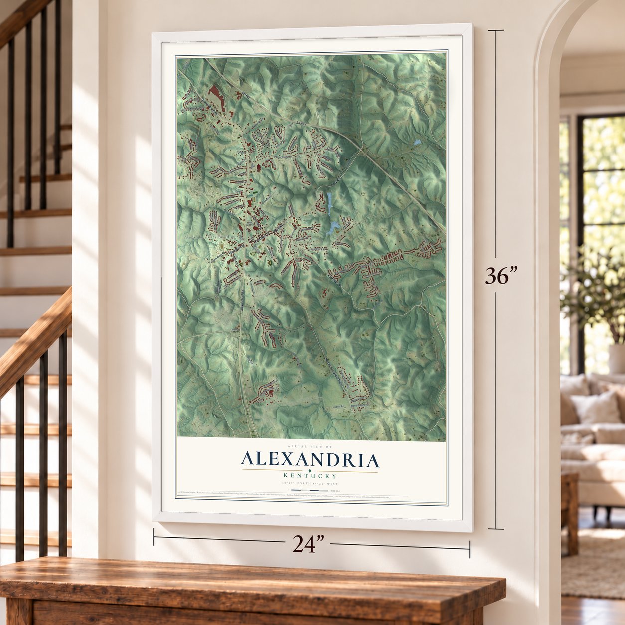 Alexandria, Kentucky map, 24 x 36 inch print in a white frame by a staircase
