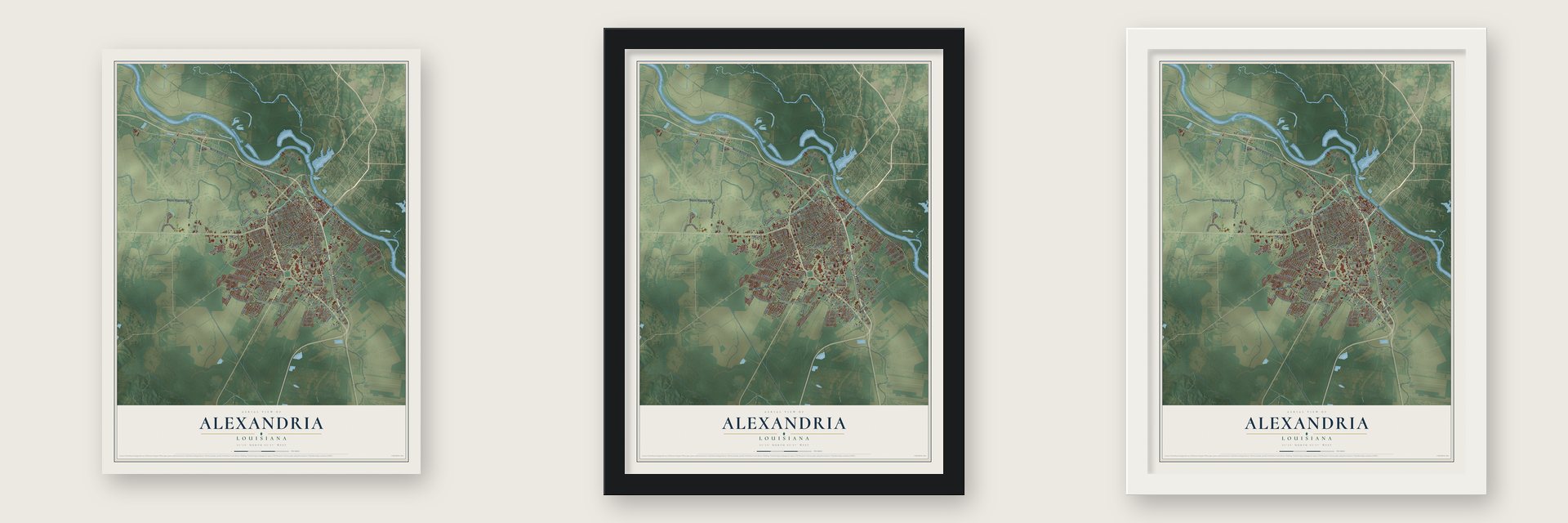 Alexandria, Louisiana map unframed, in a black wood frame and in a white wood frame