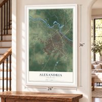 Alexandria, Louisiana map, 24 x 36 inch print in a white frame by a staircase