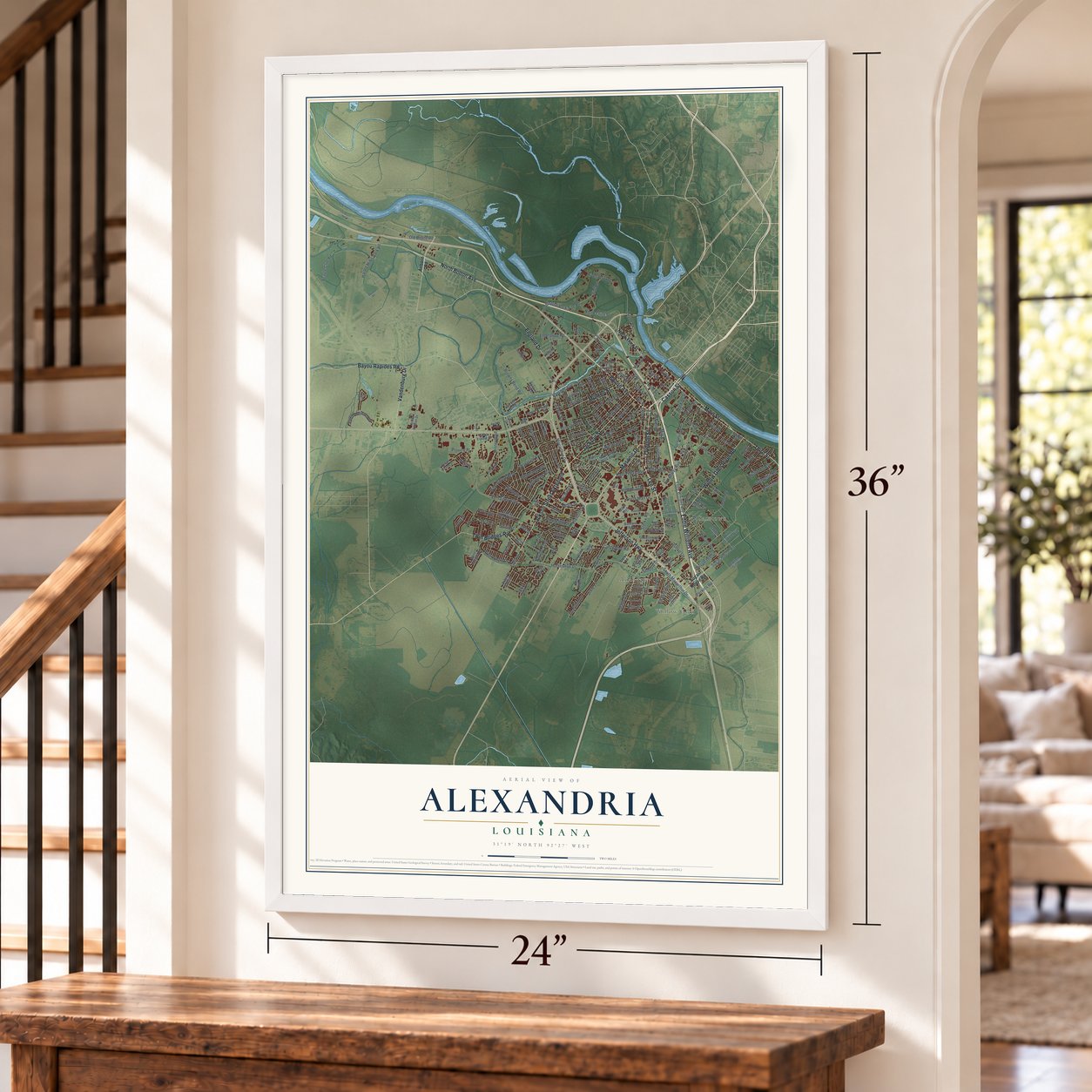 Alexandria, Louisiana map, 24 x 36 inch print in a white frame by a staircase