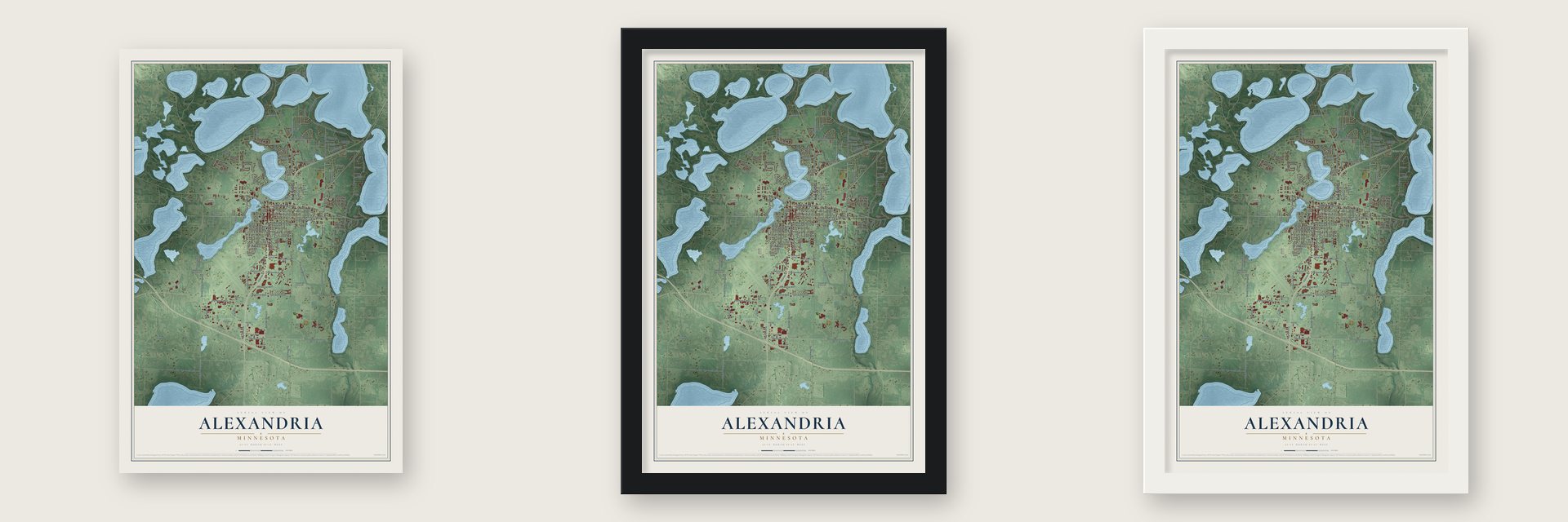 Alexandria, Minnesota map unframed, in a black wood frame and in a white wood frame