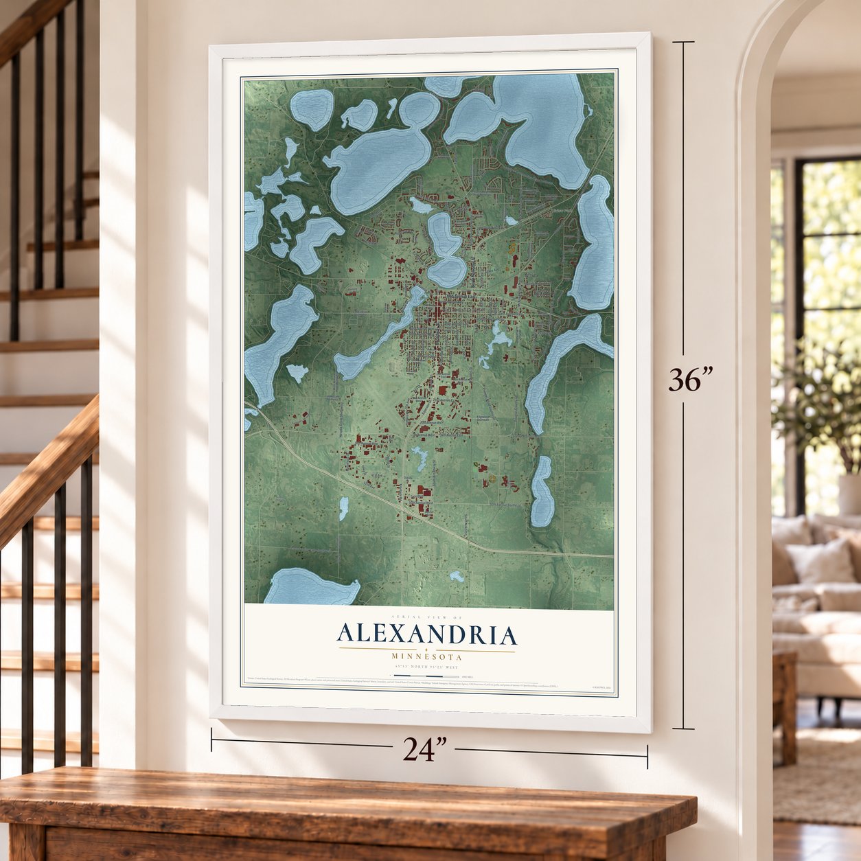 Alexandria, Minnesota map, 24 x 36 inch print in a white frame by a staircase