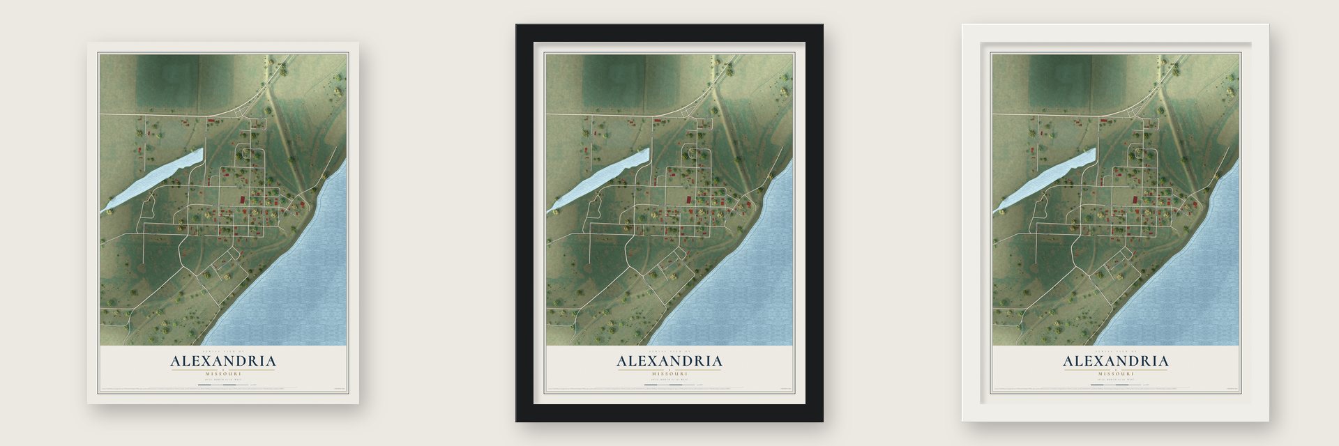 Alexandria, Missouri map unframed, in a black wood frame and in a white wood frame