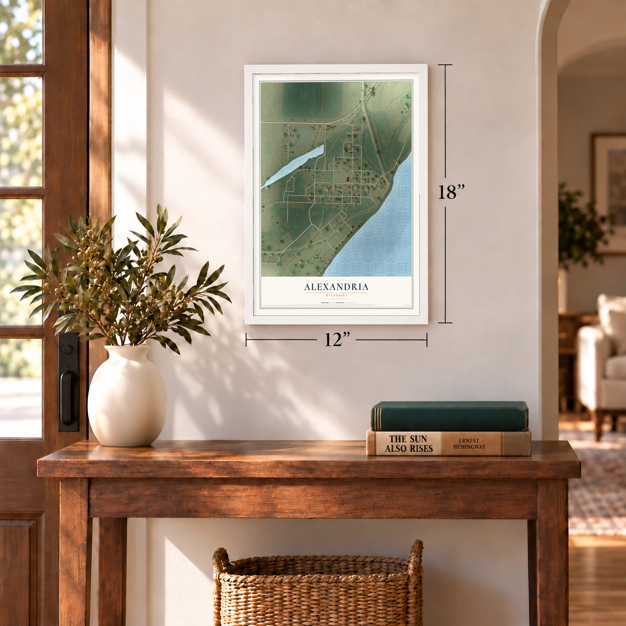 Alexandria, Missouri map, 12 x 18 inch print in a white frame in an entryway