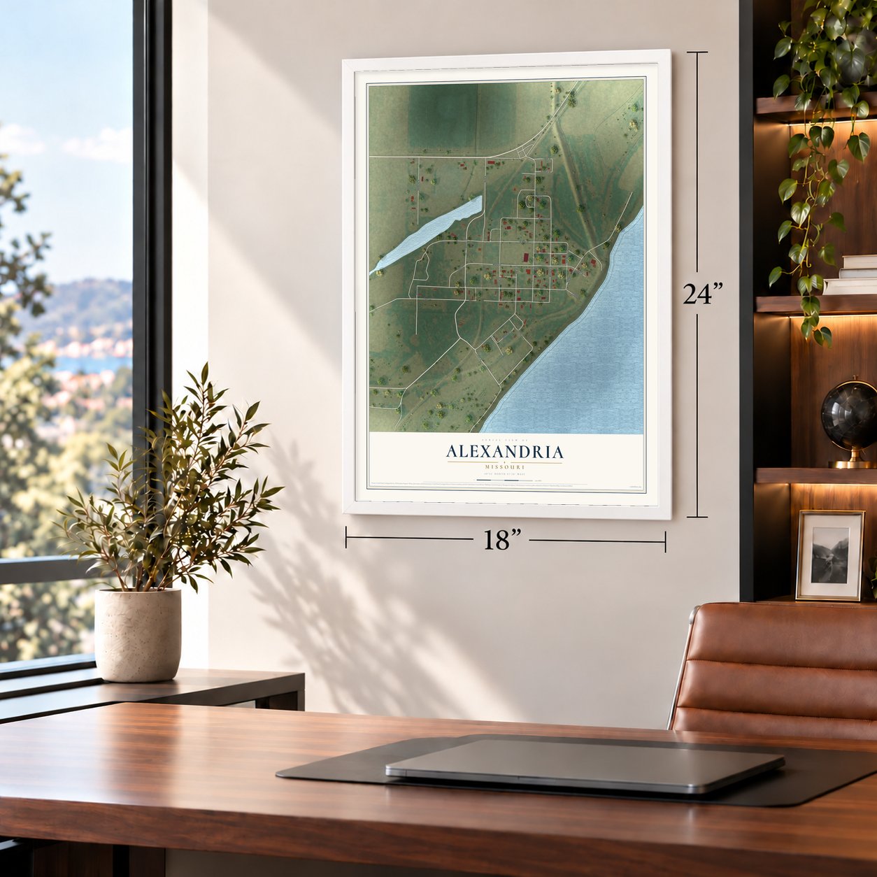 Alexandria, Missouri map, 18 x 24 inch print in a white frame in a home office