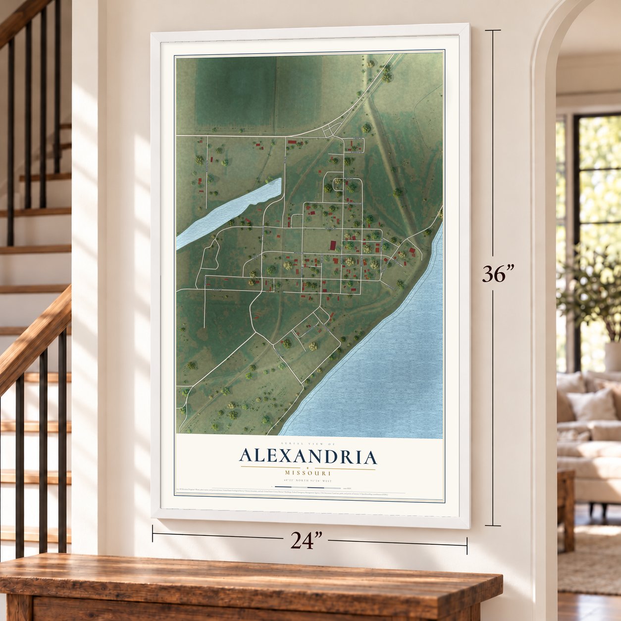Alexandria, Missouri map, 24 x 36 inch print in a white frame by a staircase