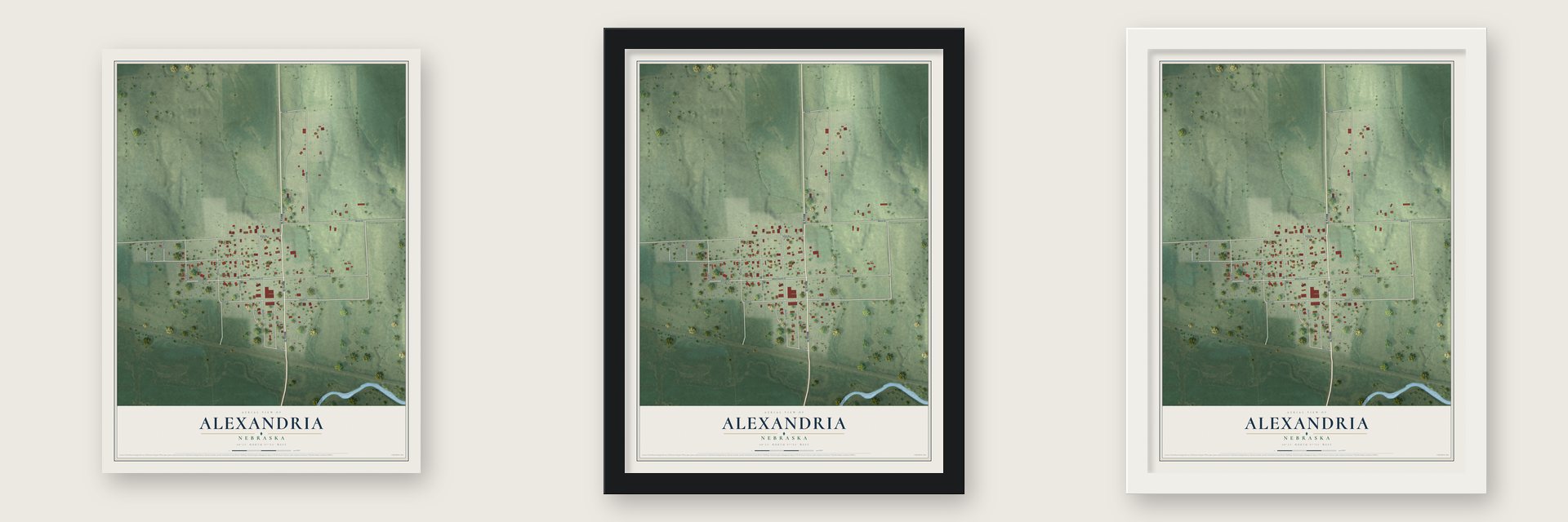Alexandria, Nebraska map unframed, in a black wood frame and in a white wood frame