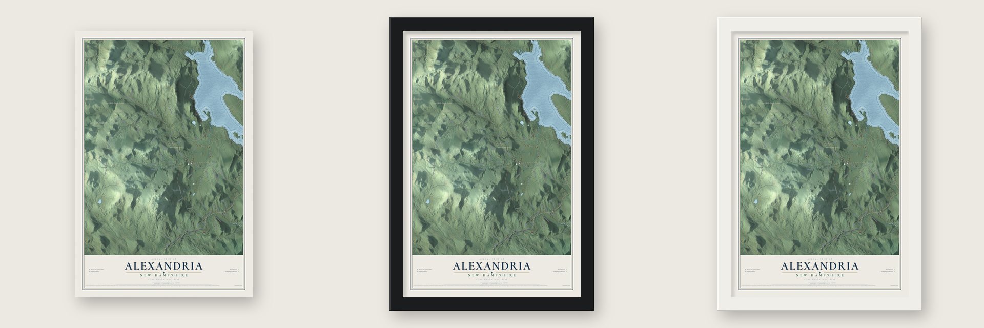 Alexandria, New Hampshire map unframed, in a black wood frame and in a white wood frame