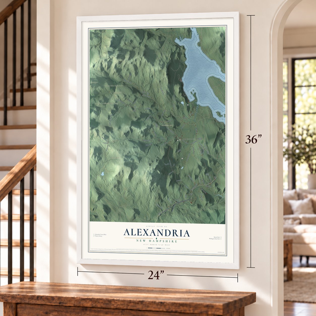 Alexandria, New Hampshire map, 24 x 36 inch print in a white frame by a staircase