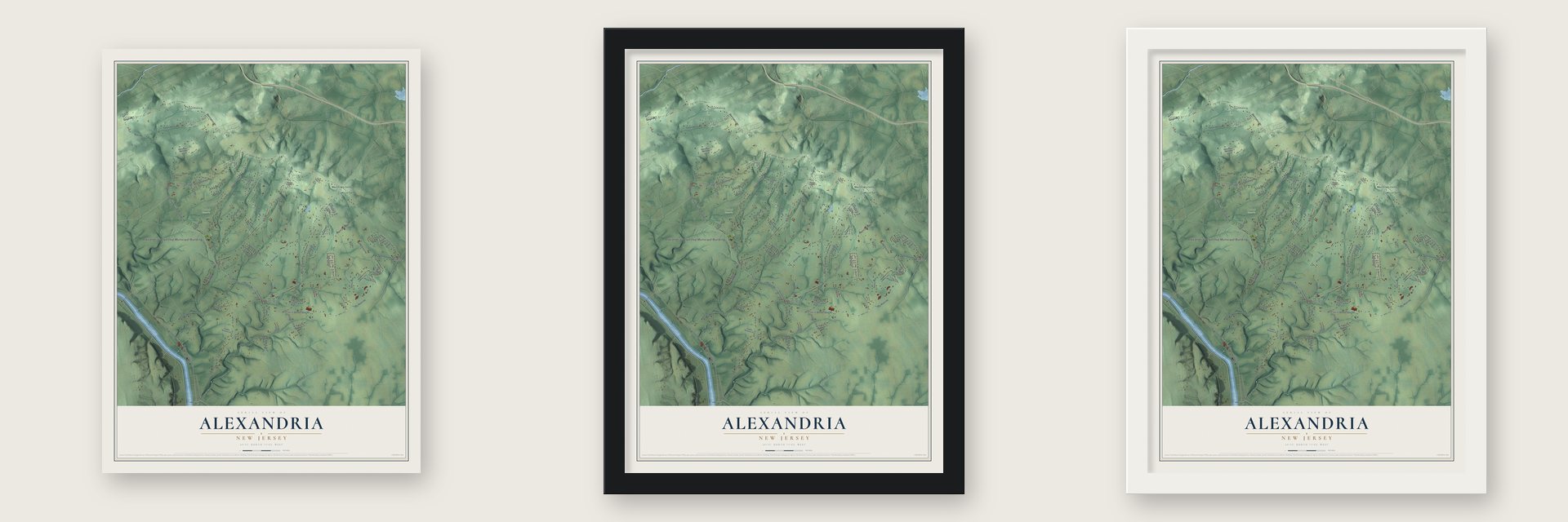 Alexandria, New Jersey map unframed, in a black wood frame and in a white wood frame