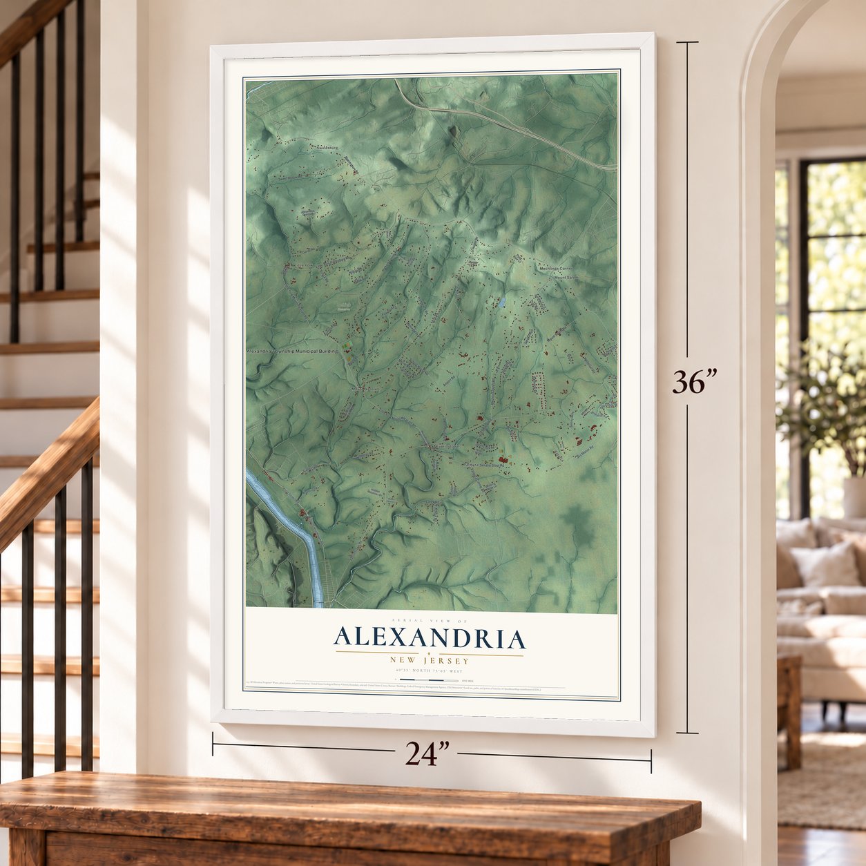 Alexandria, New Jersey map, 24 x 36 inch print in a white frame by a staircase