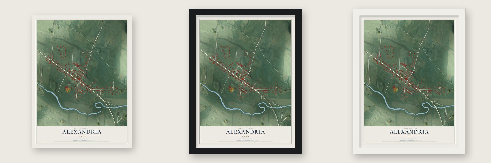 Alexandria, Ohio map unframed, in a black wood frame and in a white wood frame
