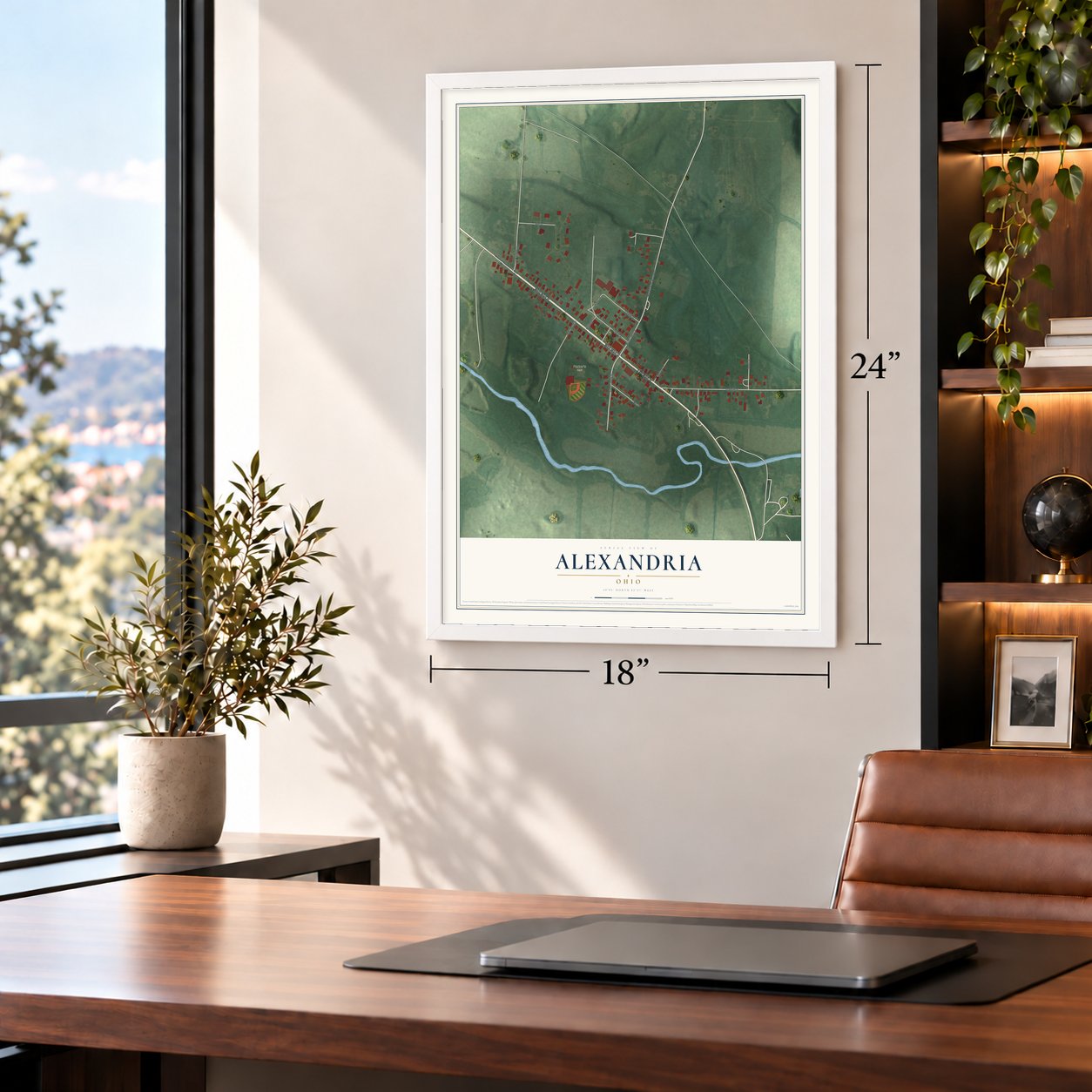 Alexandria, Ohio map, 18 x 24 inch print in a white frame in a home office