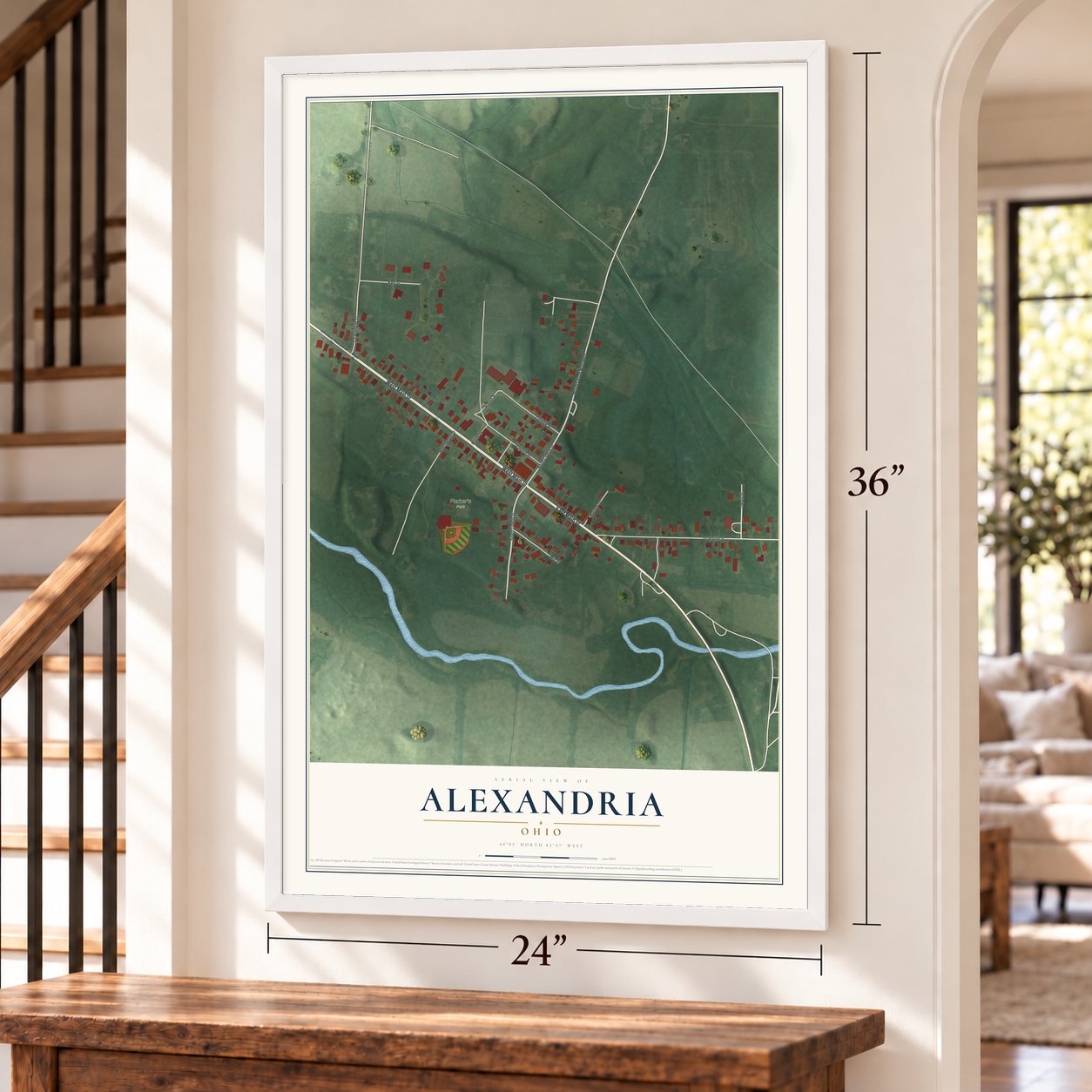 Alexandria, Ohio map, 24 x 36 inch print in a white frame by a staircase