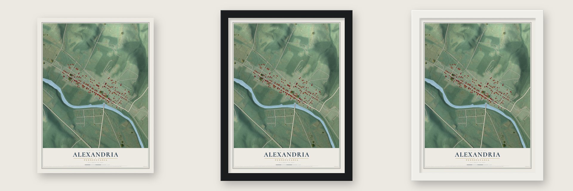 Alexandria, Pennsylvania map unframed, in a black wood frame and in a white wood frame