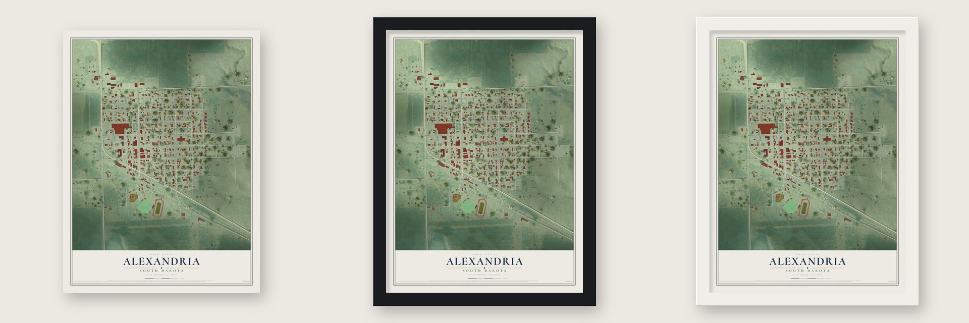 Alexandria, South Dakota map unframed, in a black wood frame and in a white wood frame