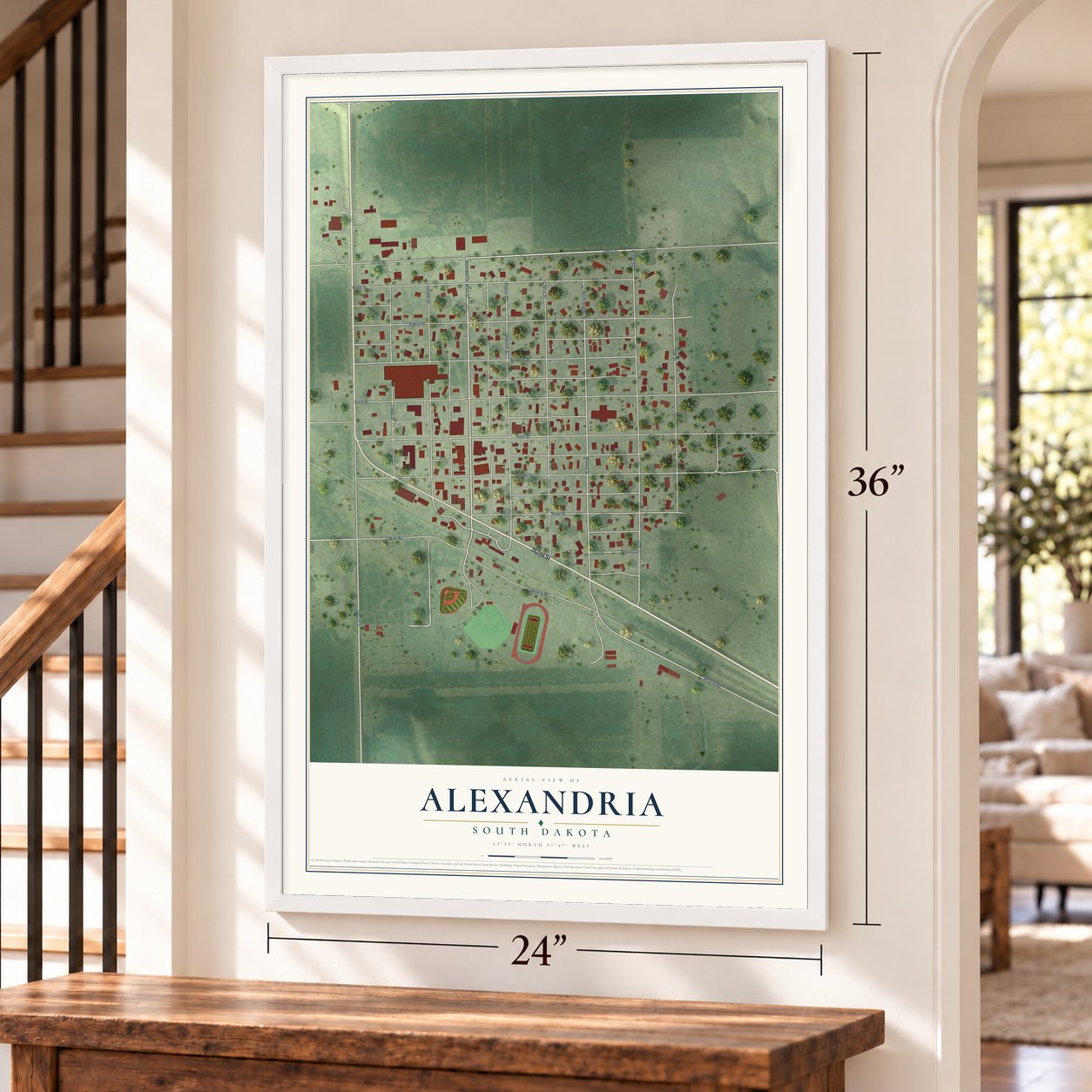 Alexandria, South Dakota map, 24 x 36 inch print in a white frame by a staircase