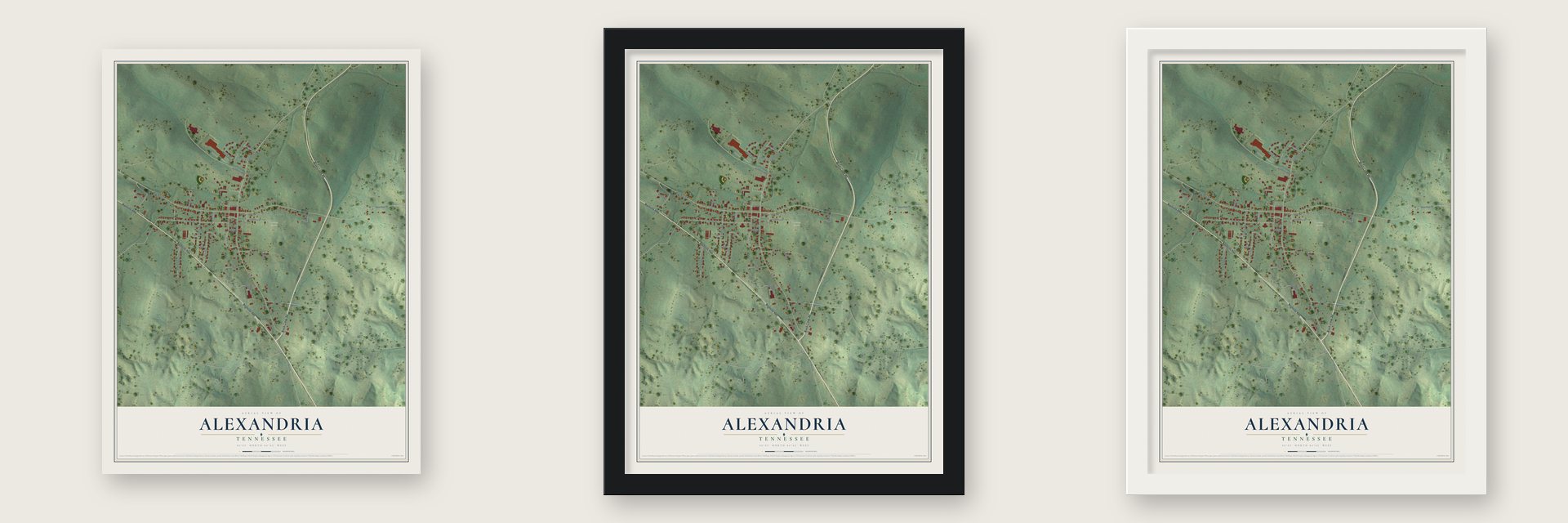 Alexandria, Tennessee map unframed, in a black wood frame and in a white wood frame