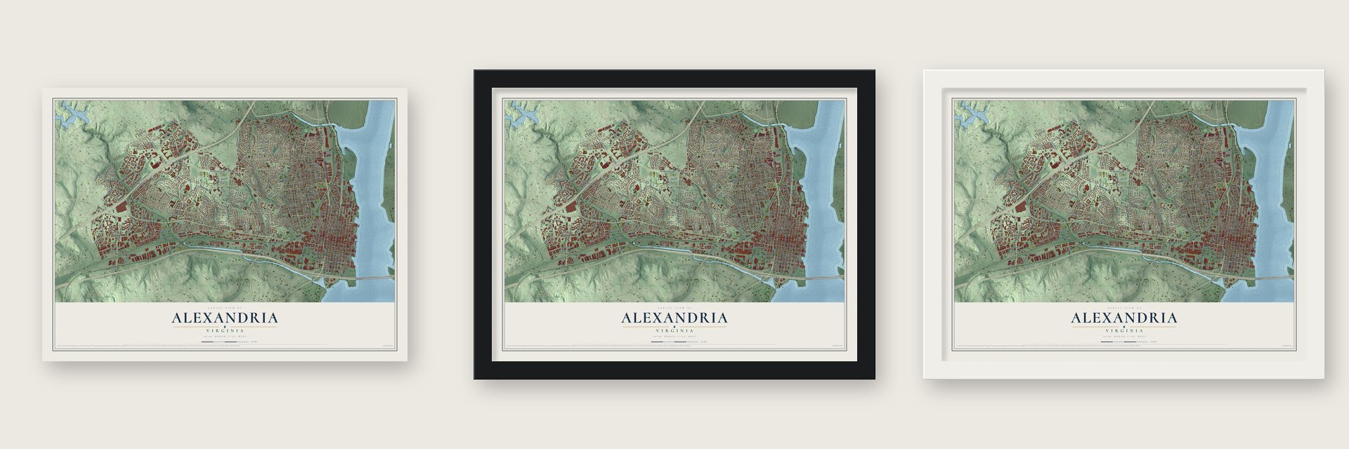 Alexandria, Virginia map unframed, in a black wood frame and in a white wood frame