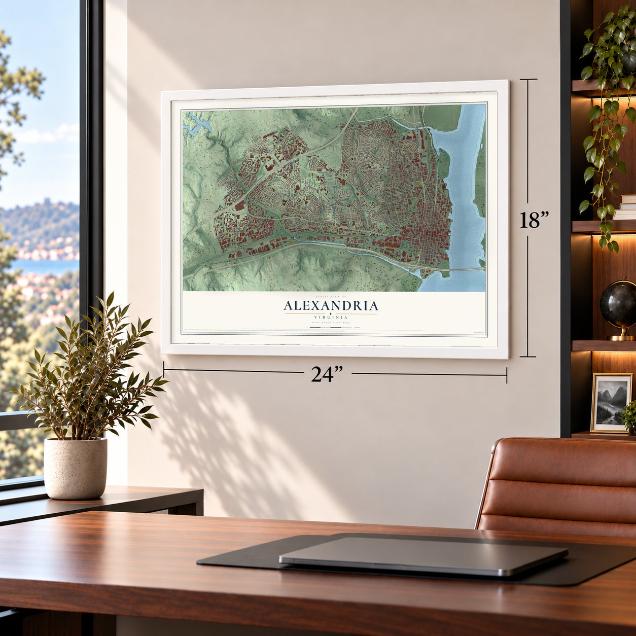Alexandria, Virginia map, 18 x 24 inch print in a white frame in a home office