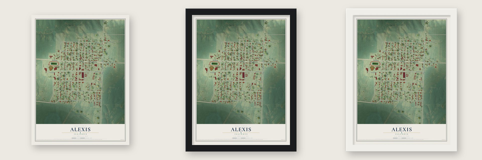 Alexis, Illinois map unframed, in a black wood frame and in a white wood frame