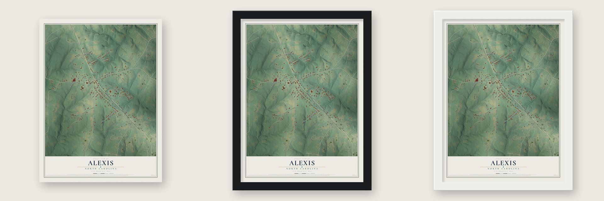 Alexis, North Carolina map unframed, in a black wood frame and in a white wood frame