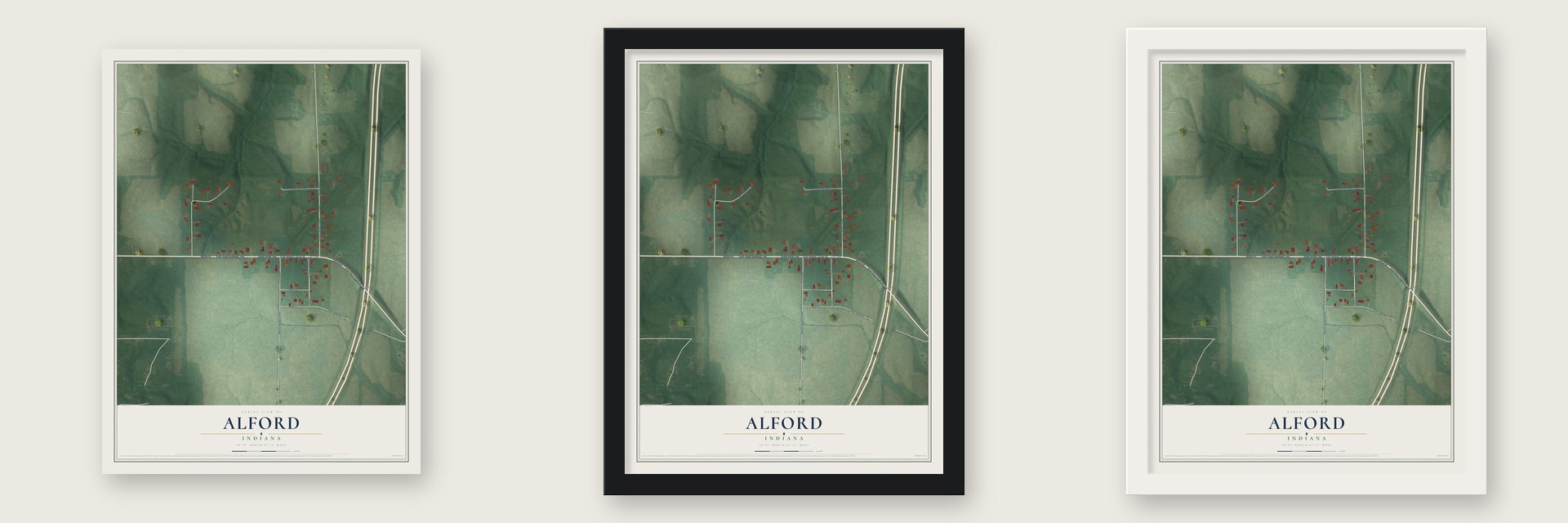 Alford, Indiana map unframed, in a black wood frame and in a white wood frame