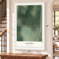 Alford, Indiana map, 24 x 36 inch print in a white frame by a staircase