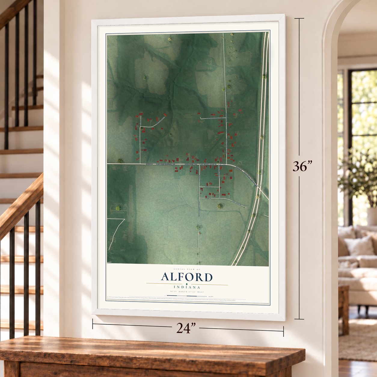 Alford, Indiana map, 24 x 36 inch print in a white frame by a staircase