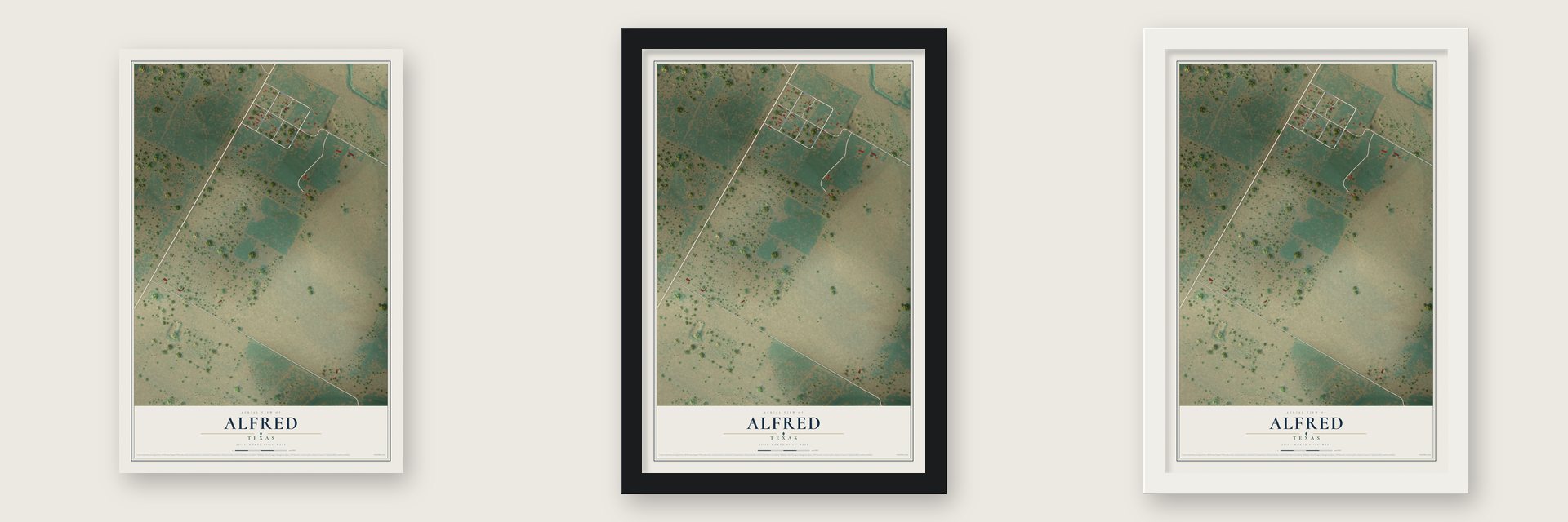 Alfred, Texas map unframed, in a black wood frame and in a white wood frame