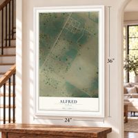 Alfred, Texas map, 24 x 36 inch print in a white frame by a staircase