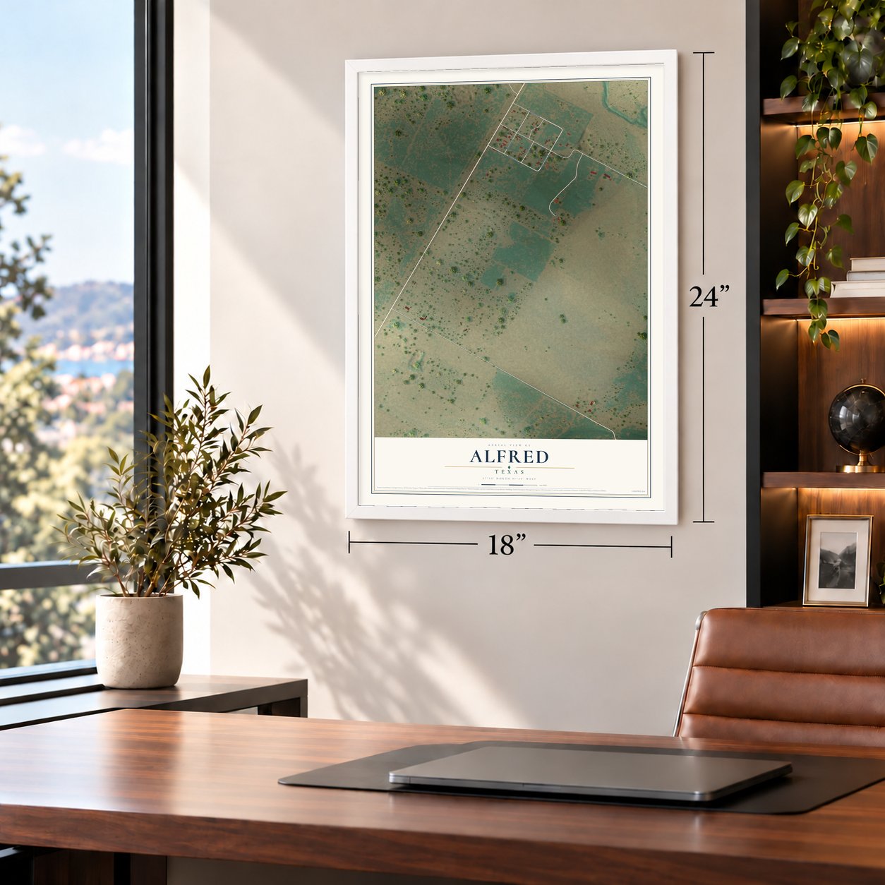 Alfred, Texas map, 18 x 24 inch print in a white frame in a home office