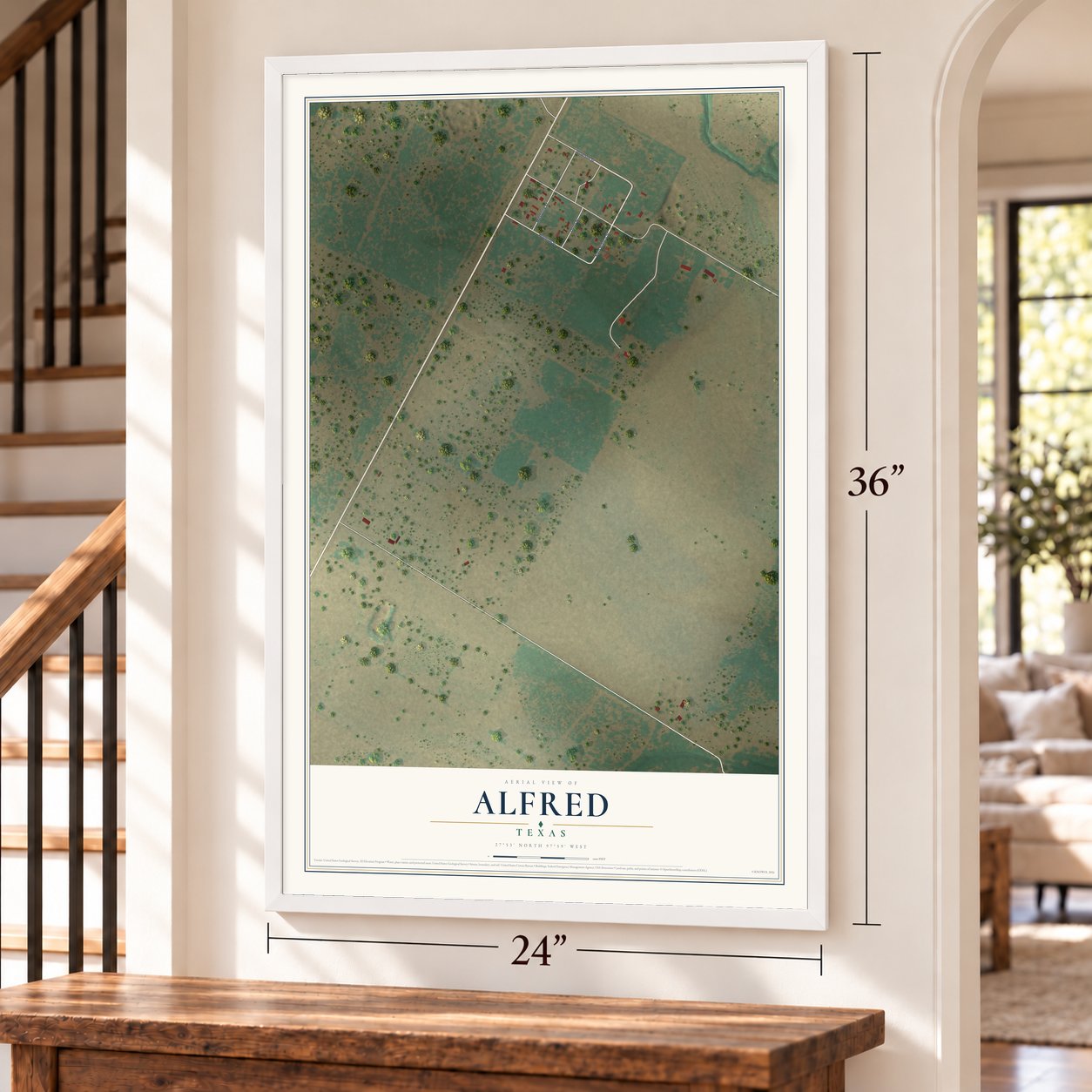 Alfred, Texas map, 24 x 36 inch print in a white frame by a staircase