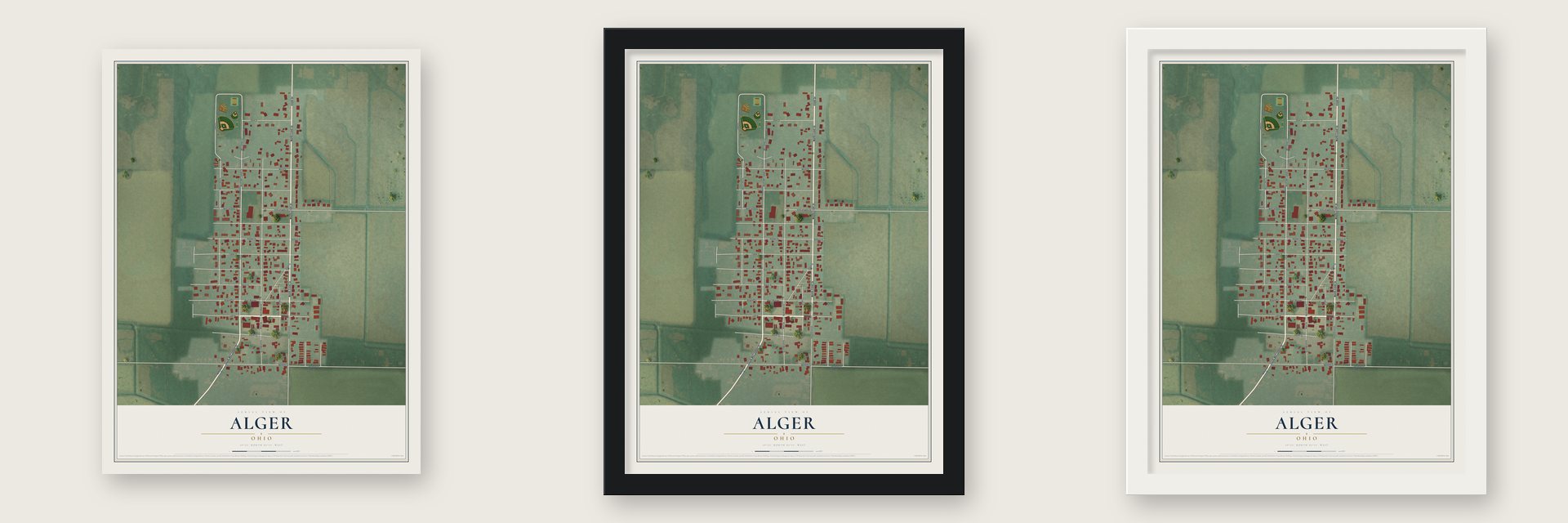 Alger, Ohio map unframed, in a black wood frame and in a white wood frame