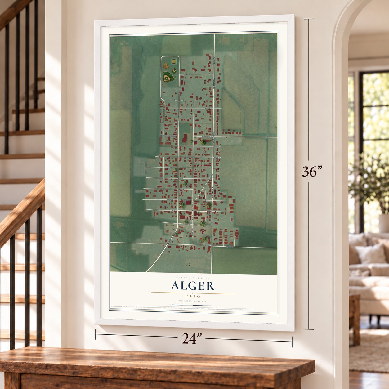 Alger, Ohio map, 24 x 36 inch print in a white frame by a staircase