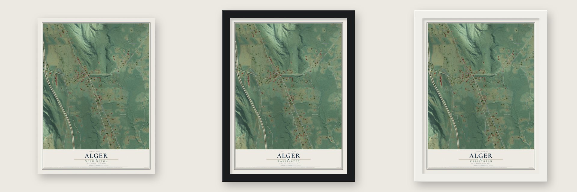 Alger, Washington map unframed, in a black wood frame and in a white wood frame