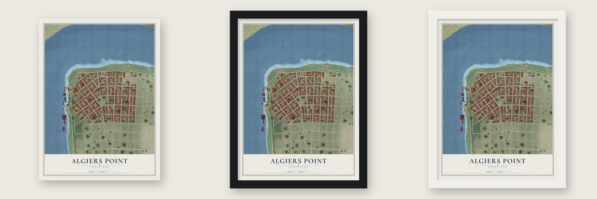 Algiers Point, Louisiana map unframed, in a black wood frame and in a white wood frame