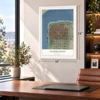 Algiers Point, Louisiana map, 18 x 24 inch print in a white frame in a home office