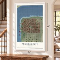 Algiers Point, Louisiana map, 24 x 36 inch print in a white frame by a staircase