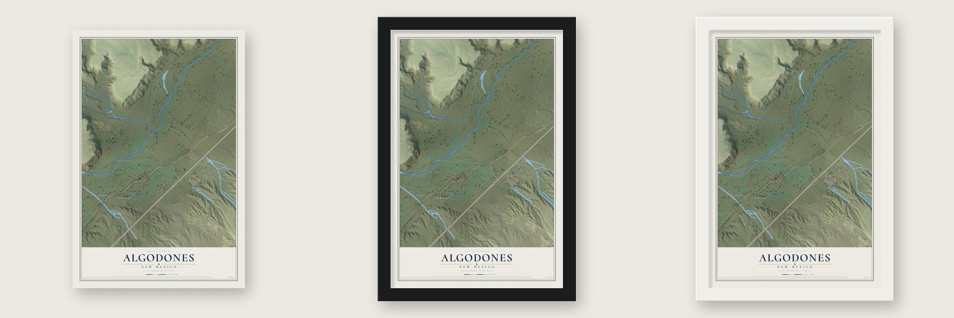 Algodones, New Mexico map unframed, in a black wood frame and in a white wood frame