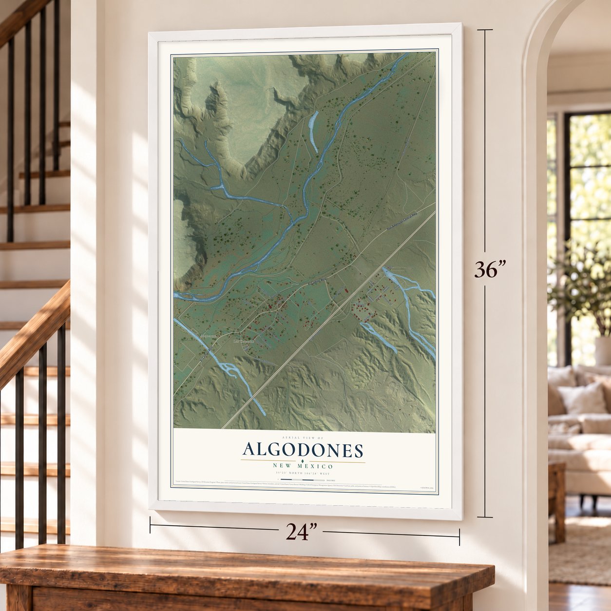 Algodones, New Mexico map, 24 x 36 inch print in a white frame by a staircase