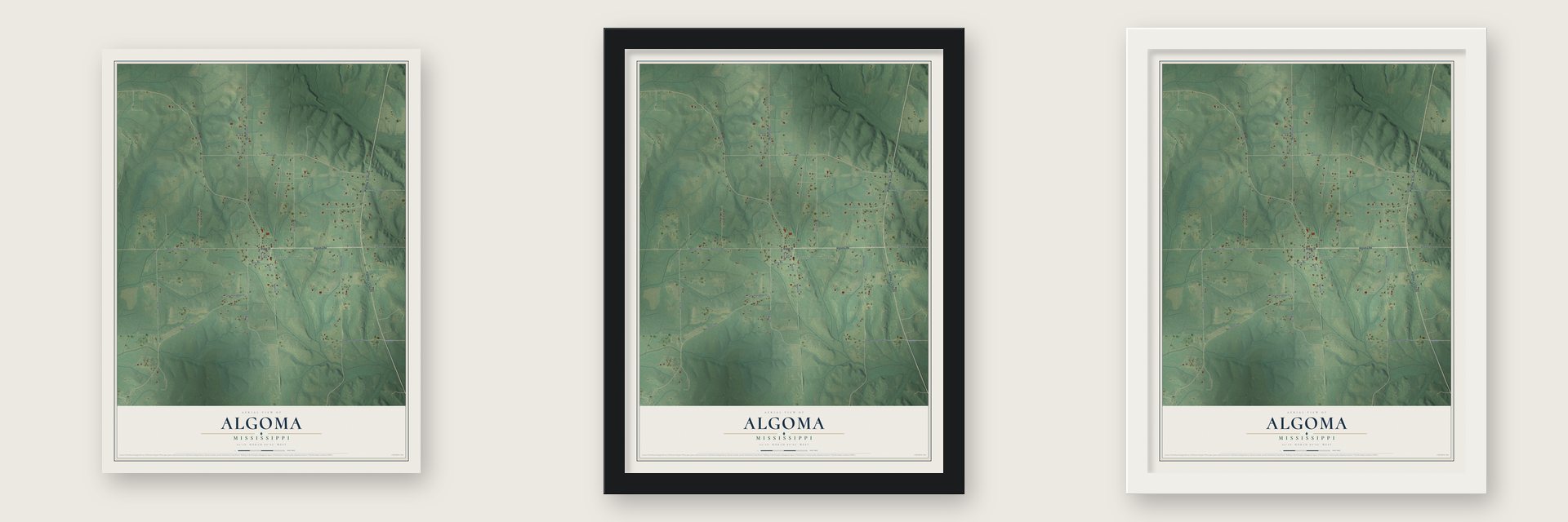 Algoma, Mississippi map unframed, in a black wood frame and in a white wood frame