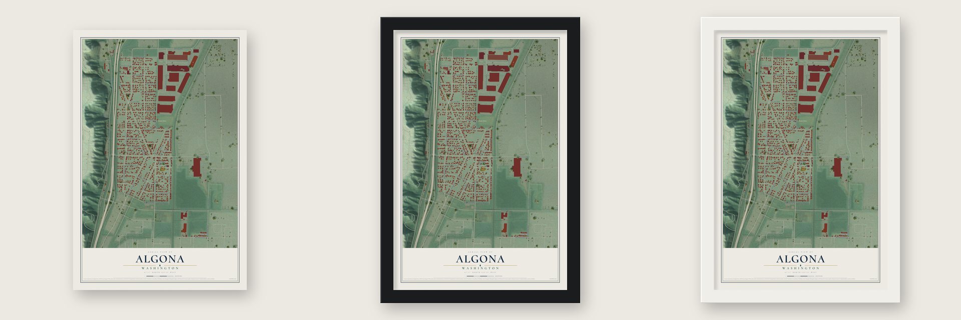 Algona, Washington map unframed, in a black wood frame and in a white wood frame