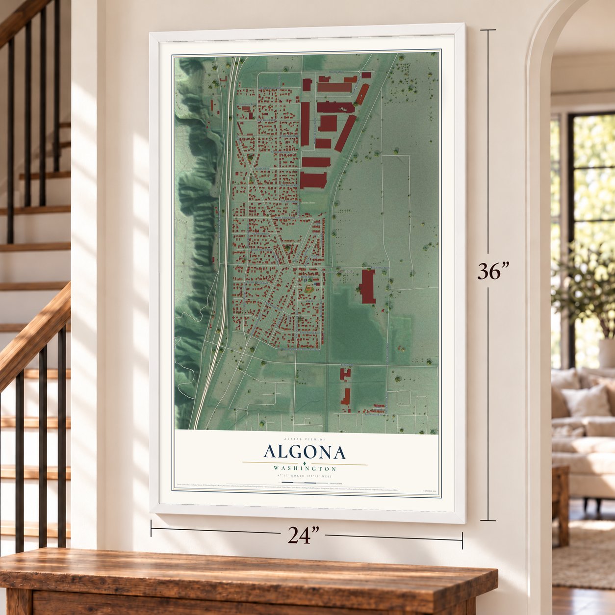 Algona, Washington map, 24 x 36 inch print in a white frame by a staircase