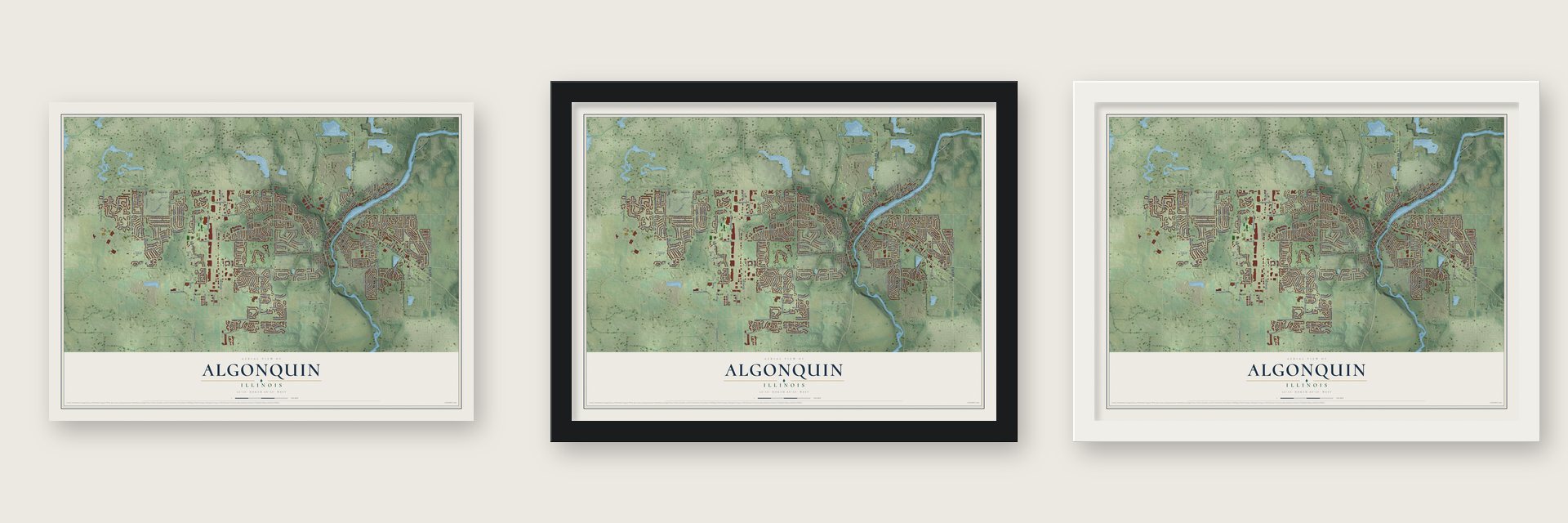 Algonquin, Illinois map unframed, in a black wood frame and in a white wood frame